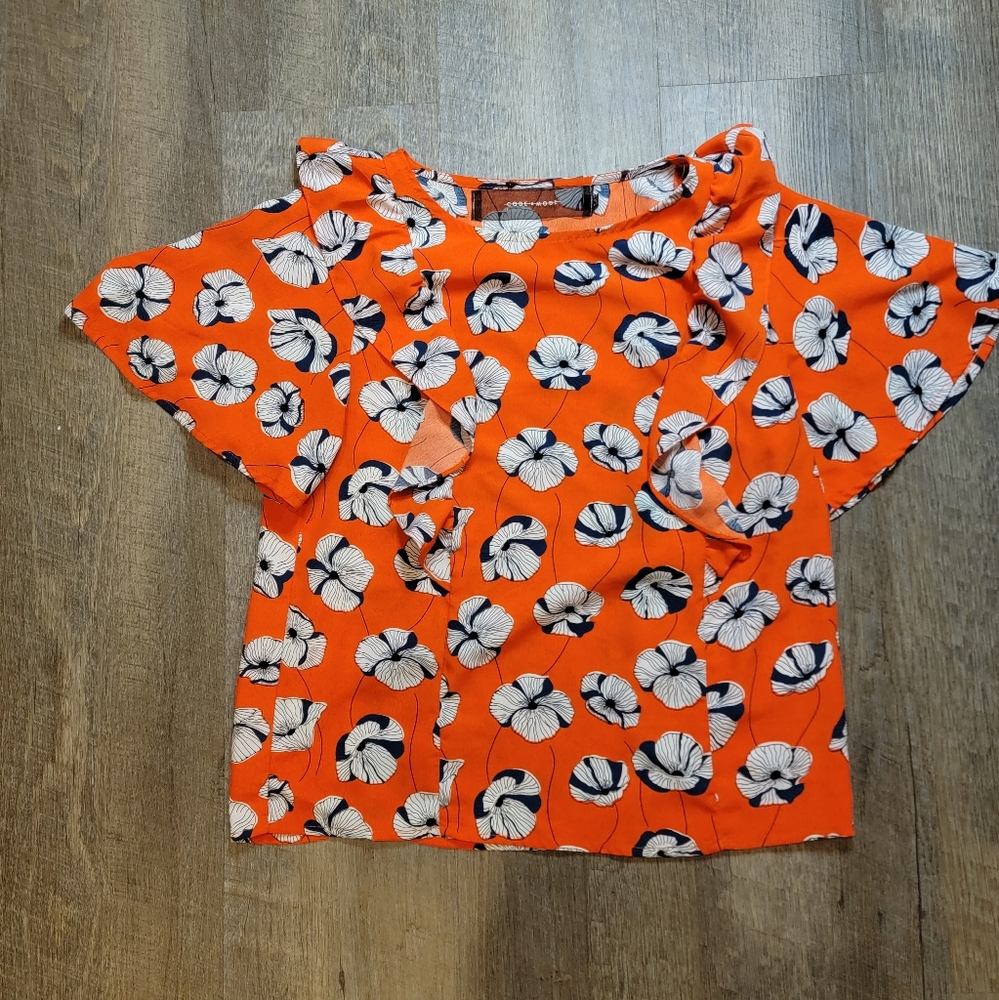 CODE x MODE Bright Orange, Navy and White Floral Blouse with Flouncy Sleeves